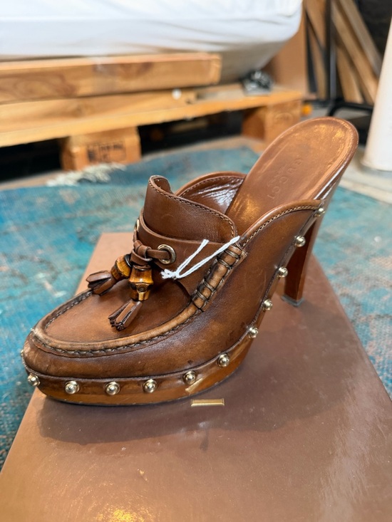 Gucci Shoes - Gucci Brown Leather Tassel Studded Mule Heels